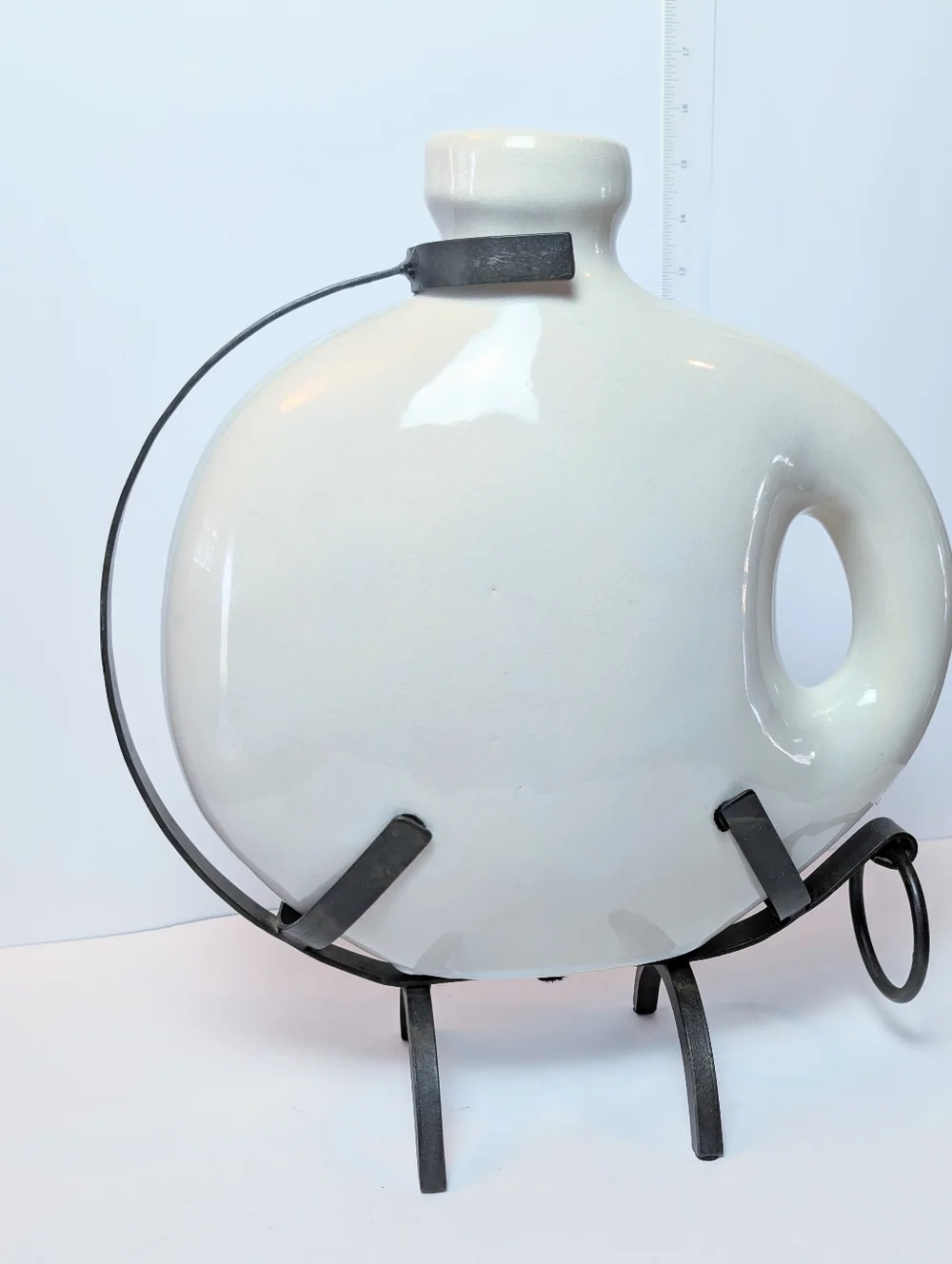 Vintage Minimalist Round Ceramic Flask Vase in Cream‎ Mid-century Modern Iron